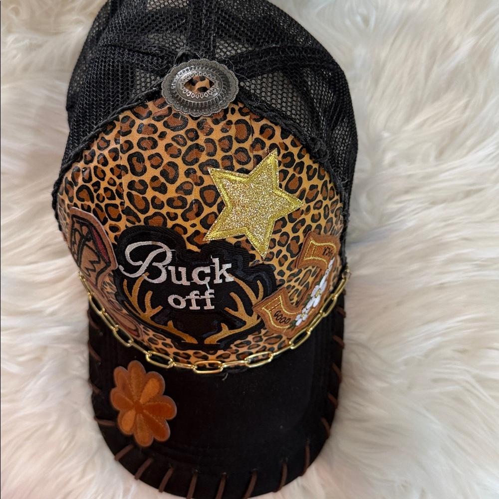 Buck Off Leopard Patch Trucker Hat - Brown & Gold - image 2